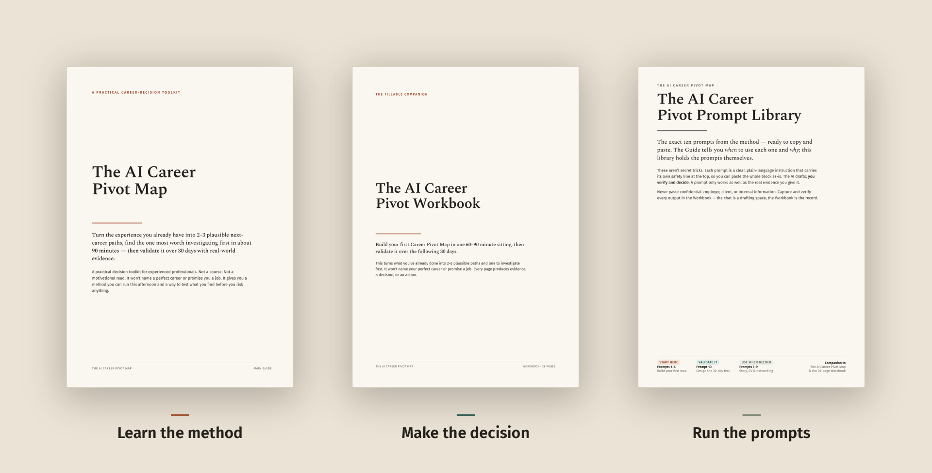 The AI Career Pivot Map — three-file bundle: Guide, Workbook, and Prompt Library