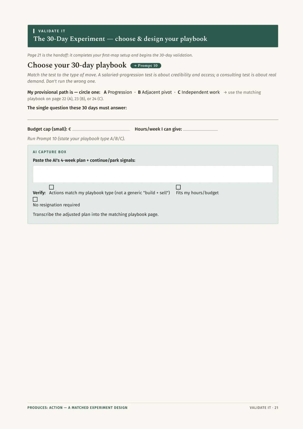 Workbook Playbook B: Adjacent career pivot with a four-week experiment plan